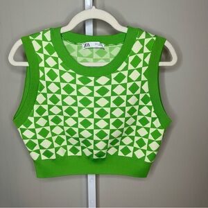 ZARA Green & White Argyle Knit Crop Vest Sleeveless Sweater Top Size M